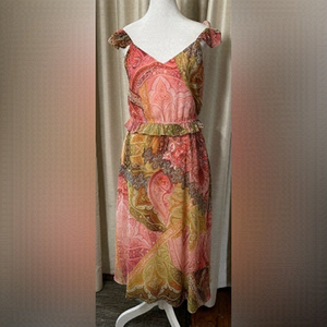 London Times - Ruffle Chiffon Paisley V Neck Midi Dress